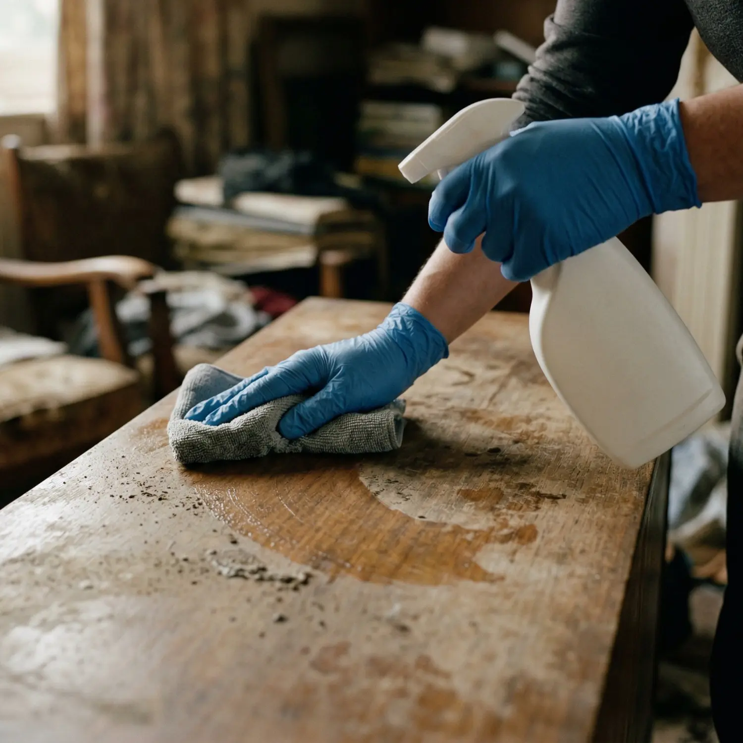 Cleaning table during Extreme House Clearance in Furness, Kendal and Cumbria